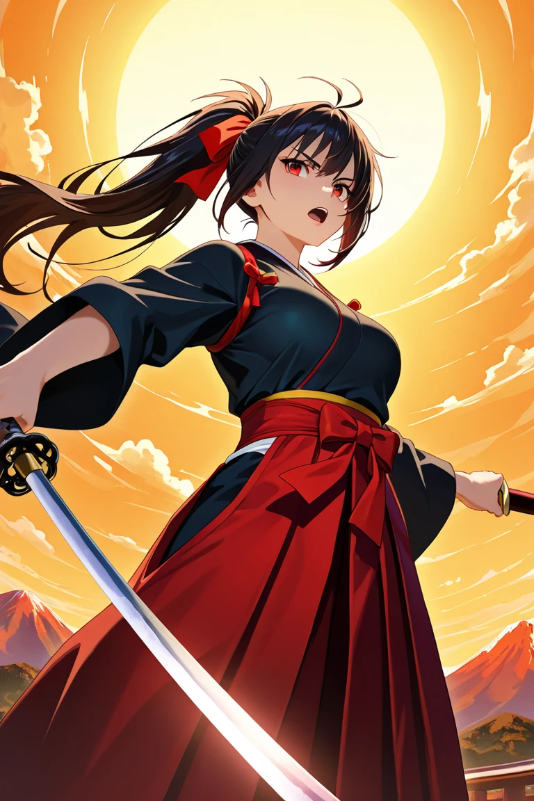 Anime Art、Full body portrait、Space SF Samurai、A woman, about 155cm tall and around 39 years old, wearing red armor and hakama, running with a spear in her hand and leaning forward、Open mouth and screaming、short ponytail black hair、Arm guard、Leggers、boots