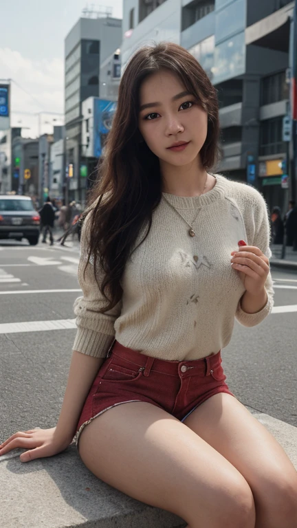 (best quality, 8k, highres, photorealistic:2.0), (one girl:2.0), voluminetric lighting,very fair-skinned woman,(woman looks at the viewer、Has a bright and kind smile:1.5)、a woman with big eyes、Cool makeup、long skirt、(her crotch is very hairy:1.6)、(black pubic hair:1.4)、skirtlift、Bustling street、glamor girl、android18、