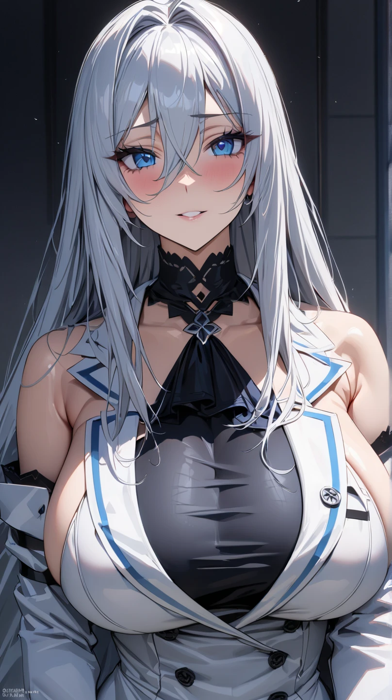masterpiece,best quality,high resolution,kei1,1girl,solo,blue eyes,long hair,ribbon,bangs,collarbone,grey hair,hair ornament,black hairband,black pantyhose,neck ribbon,hair between eyes,medium breasts,sailor collar,sweat,sports bra erect nipples cameltoe