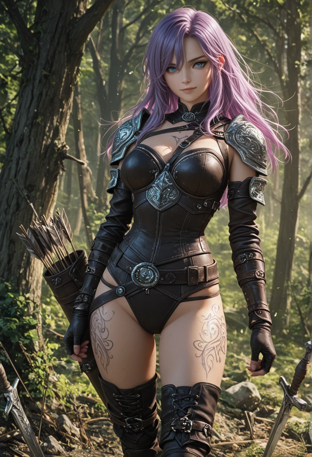 photoshot (Woman, fully body)
She is a gorgon with blue snake hair and green eyes, A light-armored warrior, She uses a sword in her right hand and a knife in her left with a bastard sword wrapped in cloth on her back held by a string.
Beneath her light armor of beaten leather she wears her gray and lilac clothes with leather boots and a belt of knives..
She wears a white band on her head and has a pistol on her waist. 
Her skin is black and she is slender,  With a beautiful form outside her standard. Furthermore, Her nails are black and her lips are of a purple lipstick. 