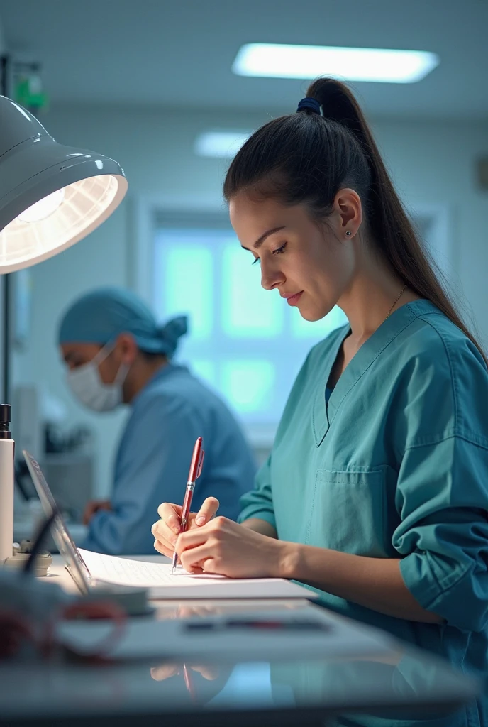 Create an image where there is a female surgeon, in an operating room operating, with the following features, by rubio, straight and short to the shoulders, green eyes, with Jesus accompanying her from behind