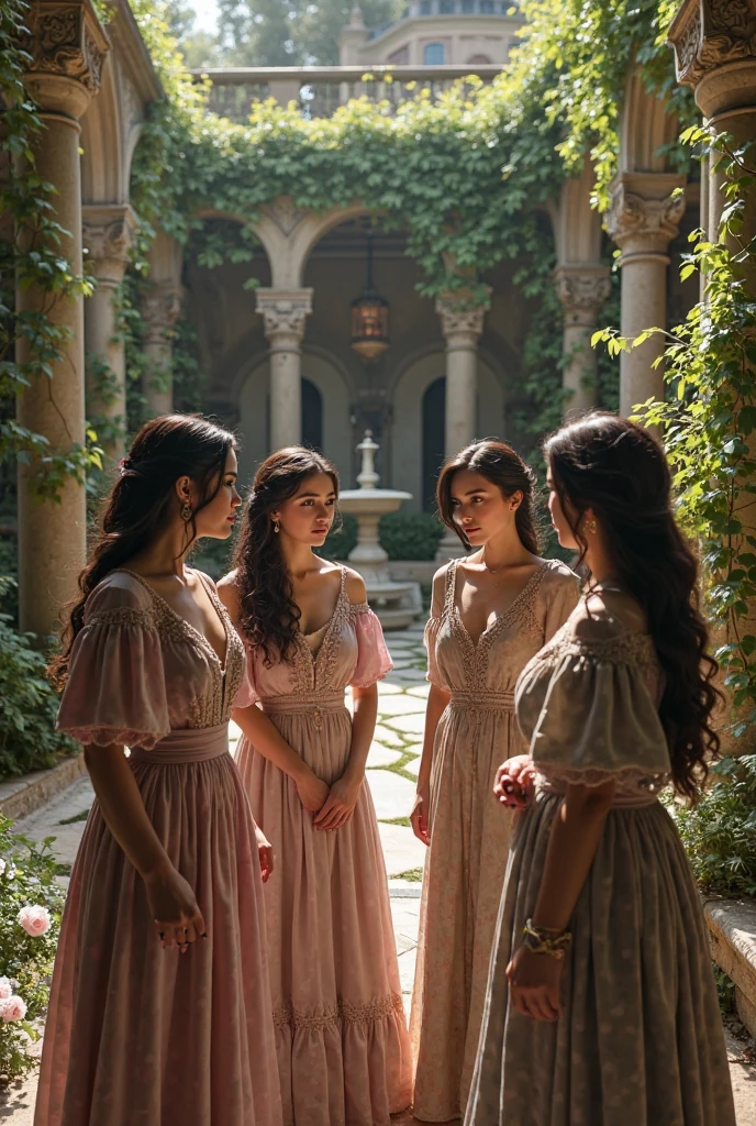 create an image of a Brazilian woman,c long brown hair,with glasses,with a long flowery dress. Next to a Brazilian woman, black haired brunette,with a long blue dress,In a church full of rats.