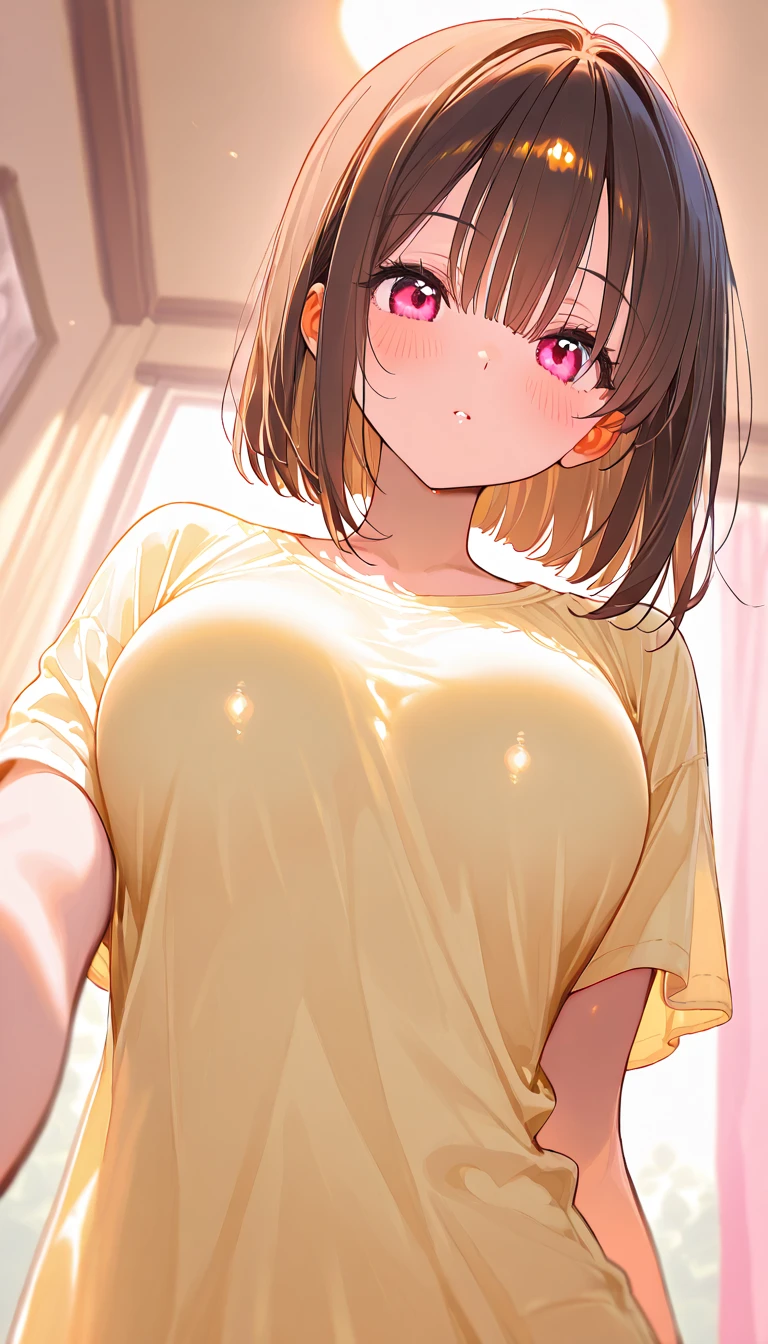 (head shot:1.2), (from above:1.2), frame in, from right in front of face and body, view straight on, upper body, High quality, very high res, High quality, very high res, cute girl, brown hair, forehead, blunt bangs, bob cut, blush, Brushed up bangs, wearing a plain t-shirt, shirt lift, medium breasts, pale pink nipples, I can see your belly button, (kneeling down pose), fellatio, pleated skirt, at office