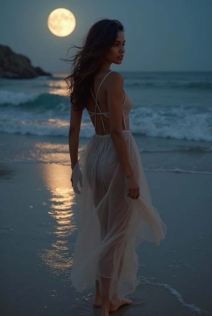 (realista,fotorrealista,fotorrealista:1.37) mujer, joven, japonesa, desnuda, arrodillada, mirando hacia atras, mostrando el trasero, ano, en la playa, arena