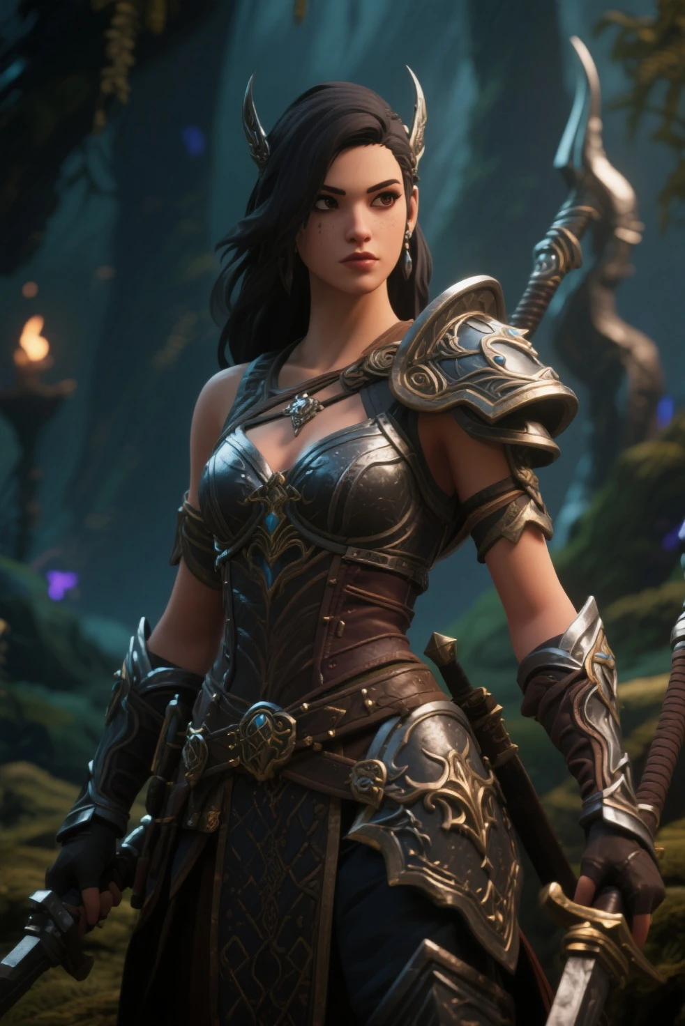 (((beautiful, high quality))), score_9, score_8_up, score_7_up, Goliath, gray skin, tall, muscular, no tattoo, 1girl, long black hair, red eyes, red tattoos, armor, fantasy background, blurred background,
