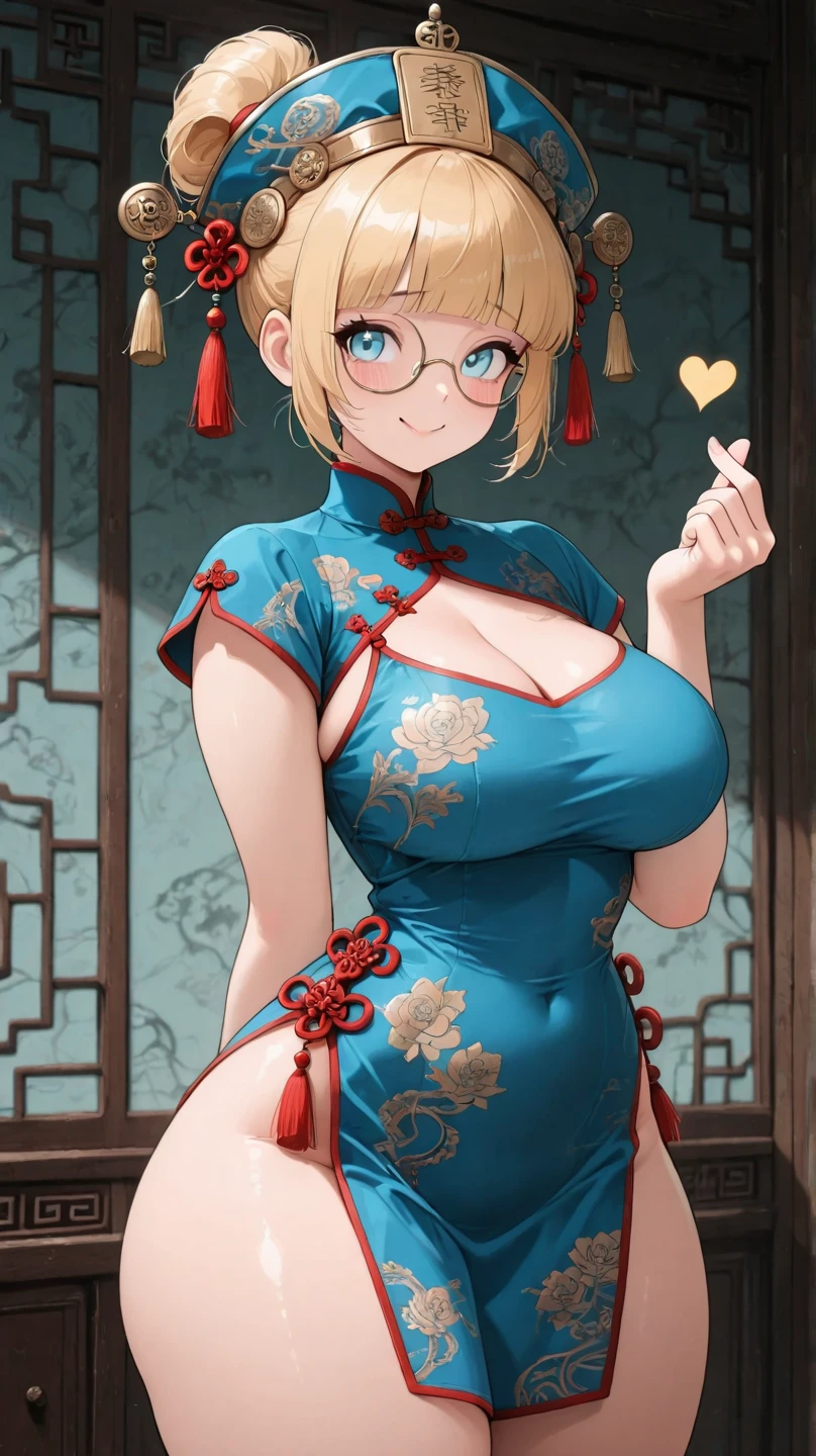 ((masterpiece)), ((Best Quality)), (Ultra-detailed), ((kawaii)), (Cute), (lovely), ((Sexy)), (Ero), ((Extremely detailed)), 4K, (8K), Best Quality, (Beautiful), Illustration, Anime style, Painting, Dynamic Angle, Cowboy Shot, (from wildcard:1.4), heavy outline, clear outlines, Gradation, (full body focus), (Chinese room), Cute little girl,1girl, Chinese dress, Solo, blond hair, Beautiful random colored eyes, ((Beautiful eyes)), Slightly wheat-colored skin, chignon (ladies' hairstyle), Buttocks, (gigantic and massive tits), glasses, (cool), (blush:1.5), sparkling effect, Lens Flare, shiny-glistening, gleaming