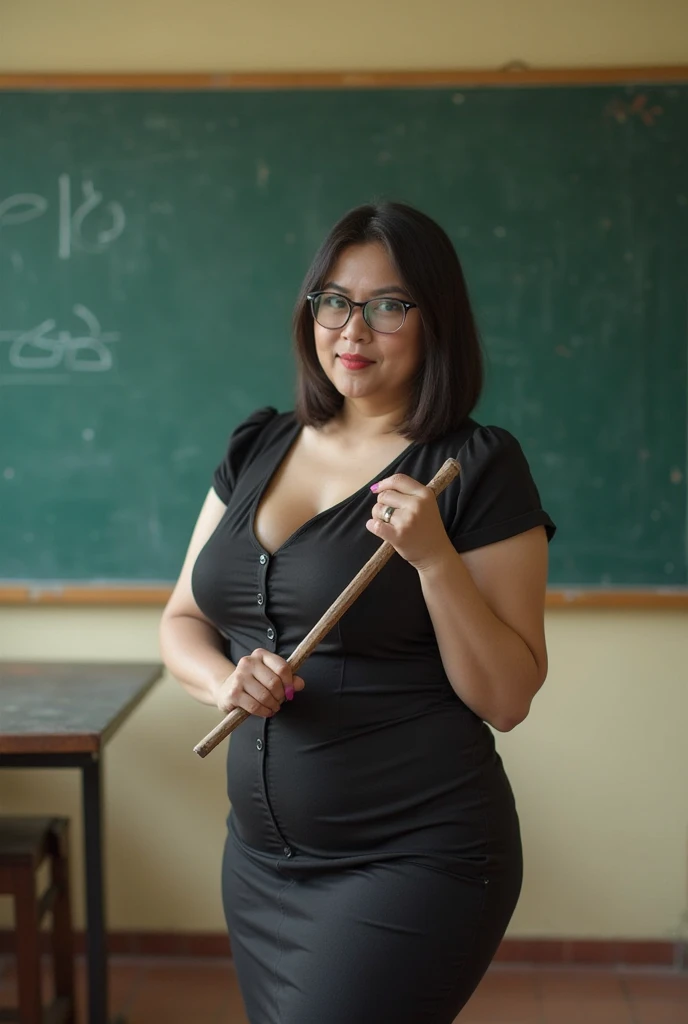A beautiful chubby indonesian woman with big breasts, bob cut hair style, wear tight knee-lenght semi formal dress with opened button, wear glasses, sexy sensual and seductive expression and pose, holding long pointer stick, in front of classroom with green board that shows human reproduction subject as a background, realistic photography, natural light, look at the viewer,