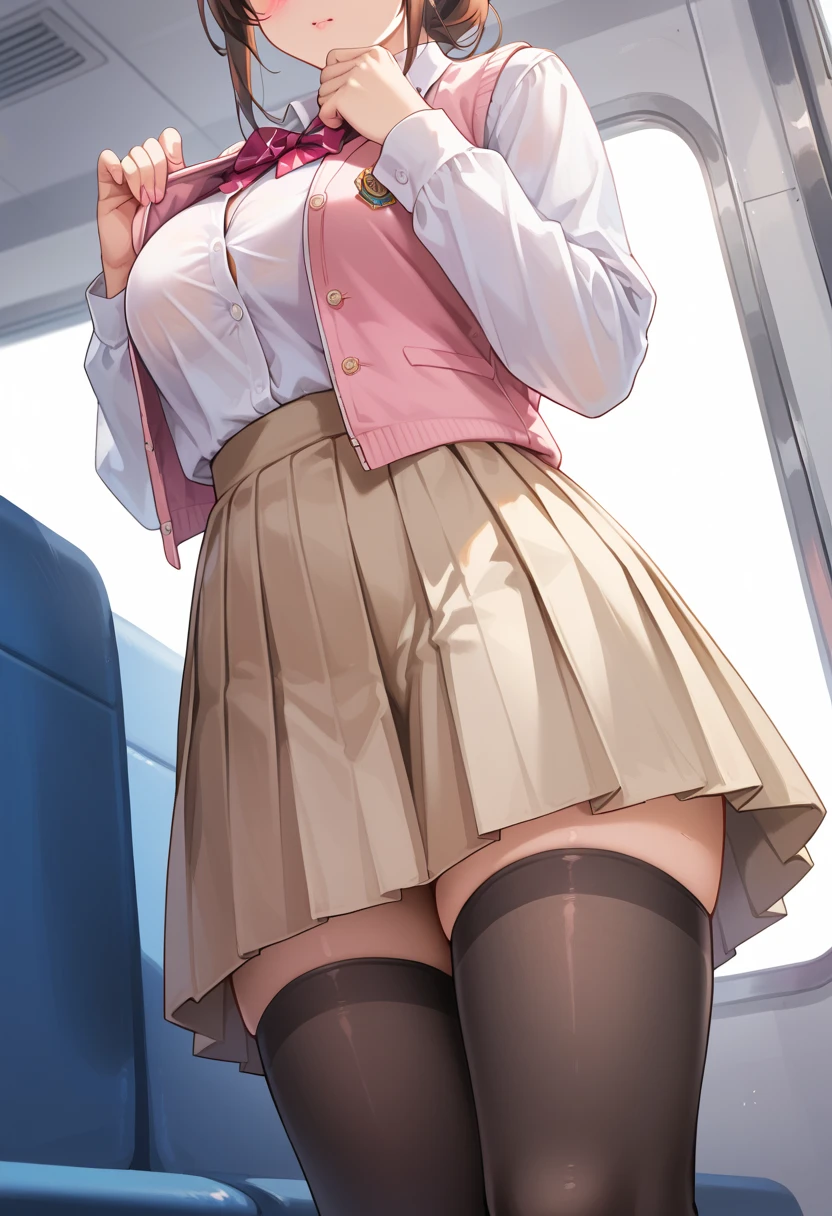 1 girl,high school girl,High-cut underwear,((Low - Angle,Pointed Chest,、mini skirt,Pleated skirt,Very exquisite white panties,The camera is between her thighs,Black knee-high tights,angle of view of ceiling,pubic hair,cameltoe)),(from below:1.6),(Angle where you can see inside the skirt:1.7、From directly below:1.7),((highest quality, wonderful,8K, masterpiece :1.3)), (Realistic, photoRealistic:1.4),(Very fine and beautiful skin,Black gal),blonde, Very detailed,Cinematic lighting, Detailed light, Best Shadow, Dynamic Angle(From directly below:1.1),Between the legs:1.5,Super big boobs:1.6, Voluptuous thighs, ,Indentation:1.5,Poolside