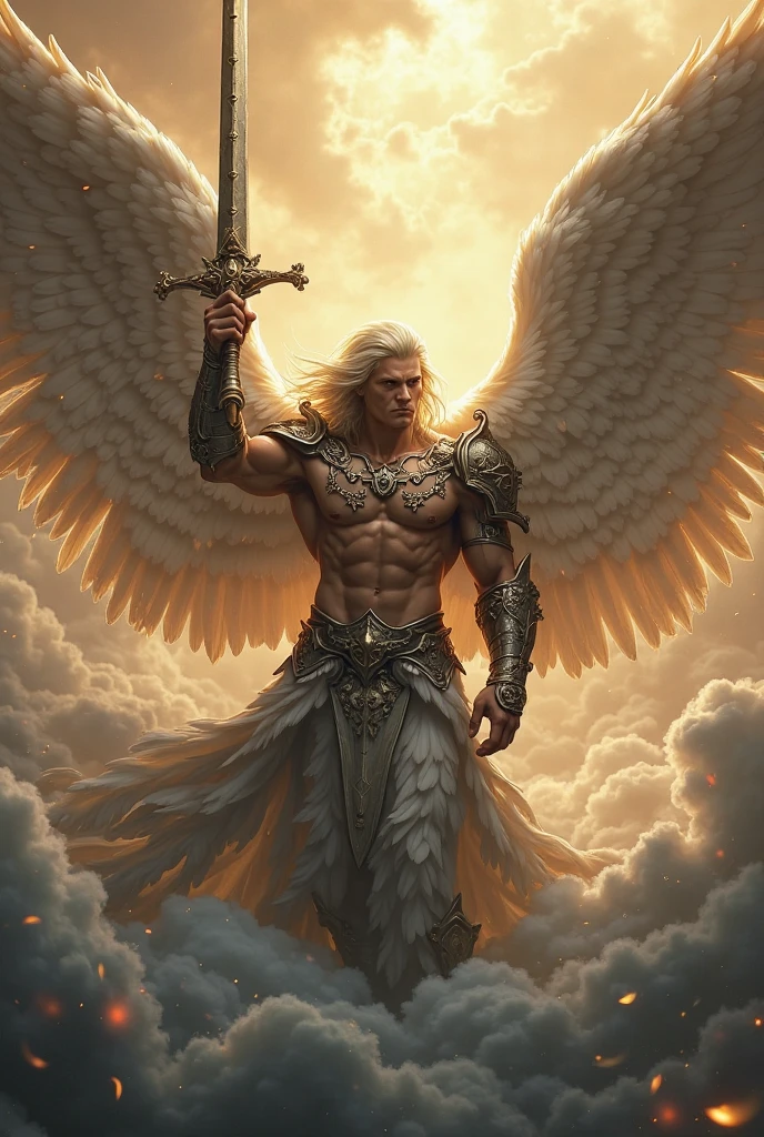 bra of art, (masterpiece), fantastic realism Jehovah with wings next to his heavenly angels flying together, all angels with swords and shields, features of warrior angels gathered with God with white beard and stern features --auto