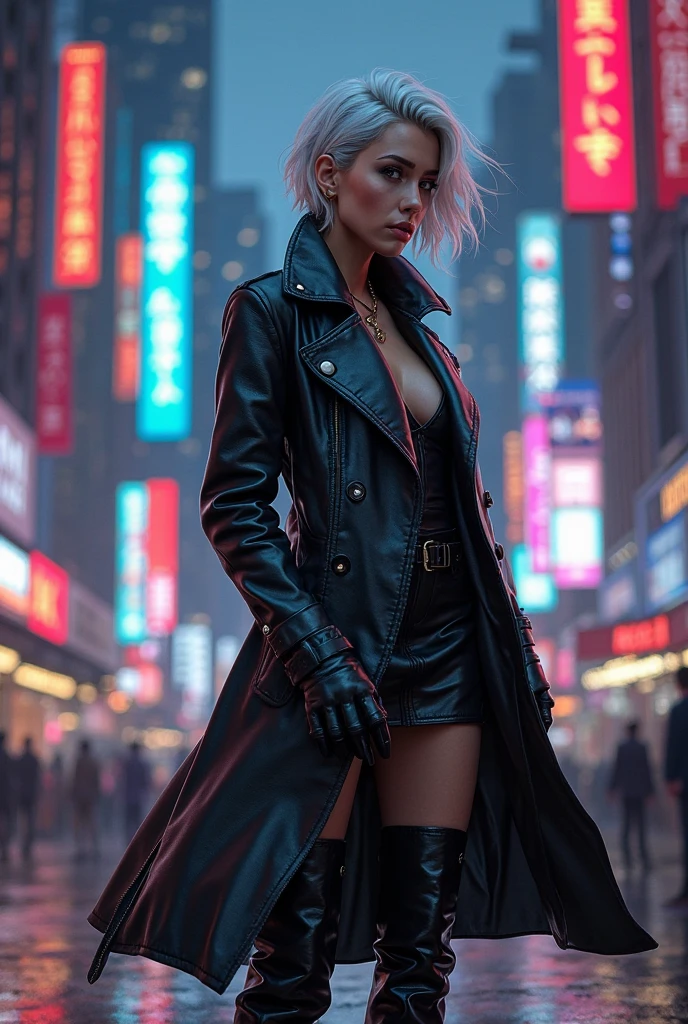 A white-haired woman, in a cyberpunk world. with the compensated body and dressed as a mobster