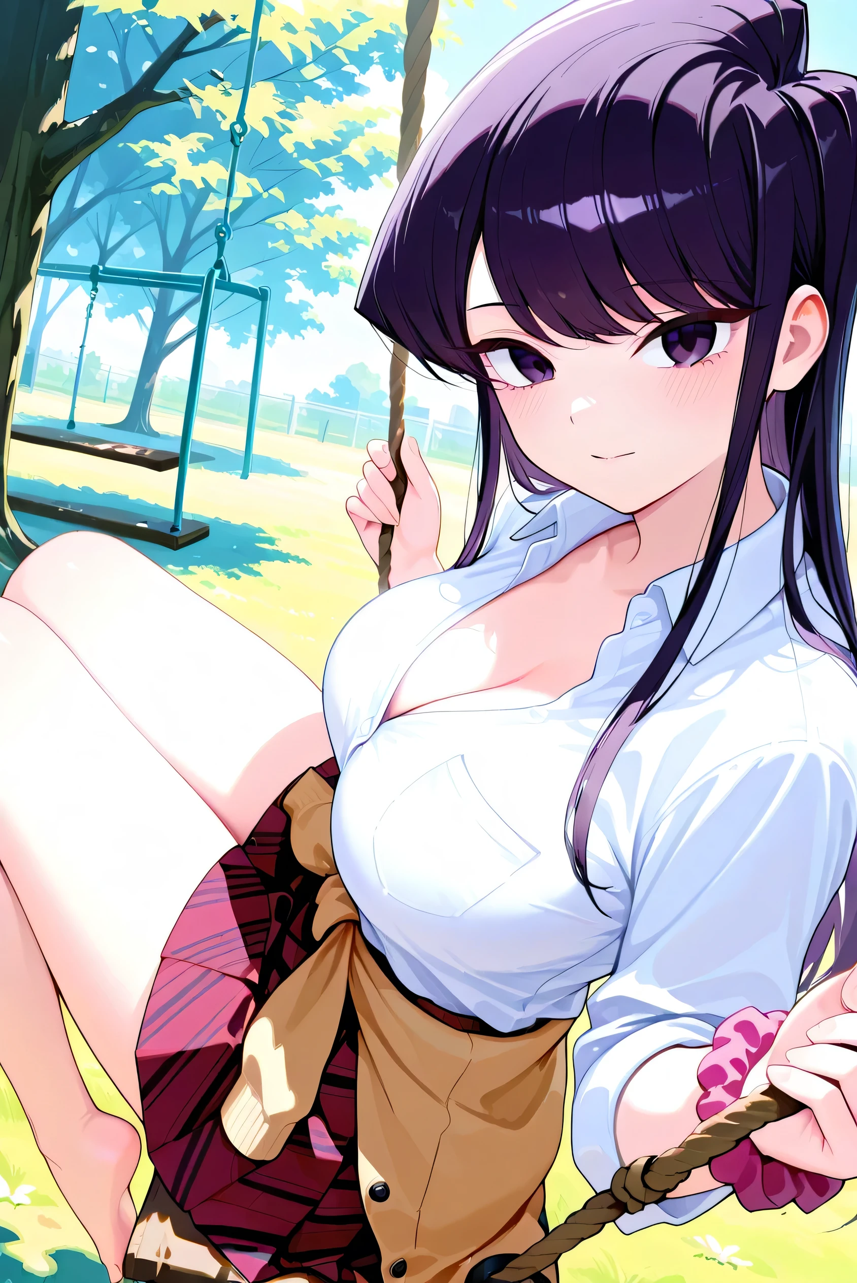1girl,solo,cute,Komi Shouko,long_hair,purple_hair,purple_eyes,large_breasts
BREAK school_uniform,collared_shirt,breasts,cleavage,white_shirt,wrist_scrunchie sleeves_rolled_up,wrist_scrunchie,pleated_skirt,clothes_around_waist
BREAK A very cute girl is playing on a swing,outdoor,He is sitting with his legs stretched out on a swing suspended by two ropes from the branch of a large tree, barefoot, dynamic angle, from side, face focus,looking at viewer,light smile,happy
,BREAK masterpiece,best quality,very aesthetic,newest,aiu