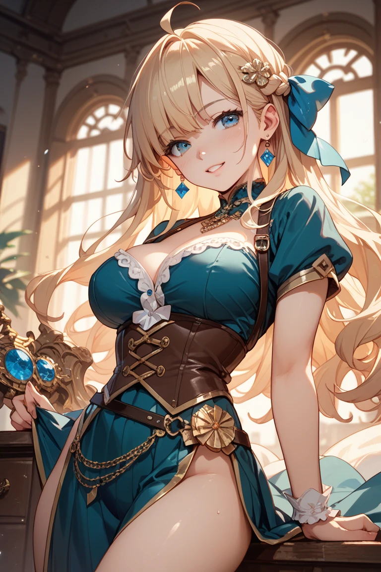 anime, ultra detailed, hyper detailed, best quality, highres, 4K, master piece, 1 female, 28-year-old, Navia, sexy lingerie, gigantic, huge breast