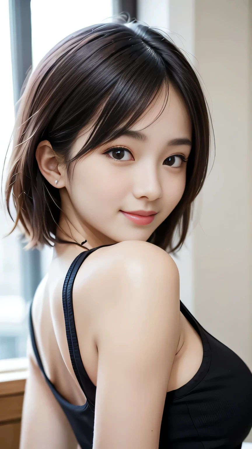 Masterpiece、Best Quality、Illustration、Super detailed、Fine details、High resolution、8K Denden Wallpaper、Perfect dynamic composition、Beautiful detailed eyes、Short Bob、Small breasts、Natural color lip、black cabaret dress、Bold sexy pose、A shy smile、A beautiful 29-year-old adult woman、Sexy shot looking at the camera、