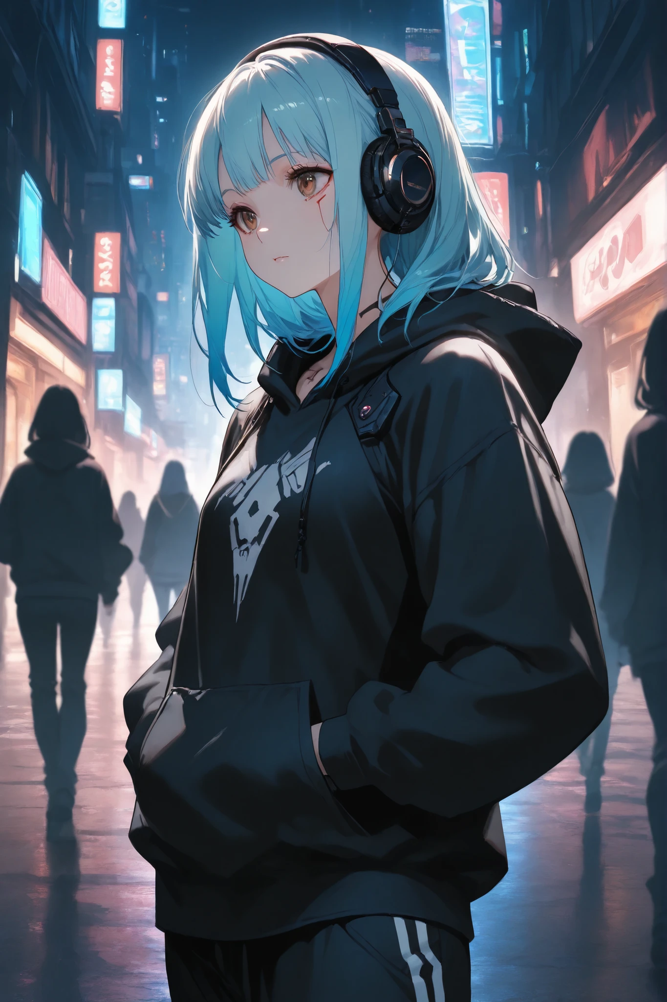 art by Cornflower, Dreamy, (detailed 8k wallpaper,In a shabby alley,Girl focus,Al girl,Multicolored hoodies,mouth mask,ahoge,crystal pink_Hair,Glowing eyes,Blue_Eyes,Cyberpunk,Sci-Fi City, Kowloon,Detailed background,intricately details,finely detailed,A high resolution,Red light,Blue light,Purple light,headset on head,)long whitr hair