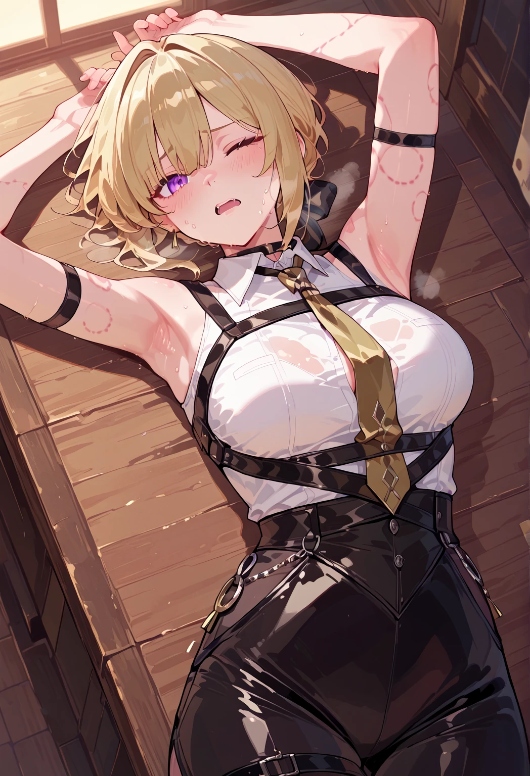 nsfw,(Petite),(A cute boy),blonde low twintails,lips,Chest Voyeur,Sweat,White Breath,On all fours,Audience peering from above
