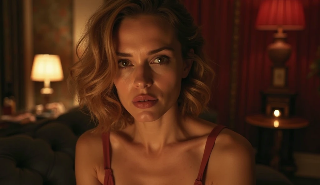 Hayley Atwell, red low-cut dress, red lipstick, blonde hair, beautiful detailed eyes, beautiful detailed lips, extremely detailed eyes and face, long eyelashes, photorealistic, high quality, 8K, detailed portrait, dramatic lighting, warm color palette, elegant, chiaroscuro lighting, cinematic, award-winning quality