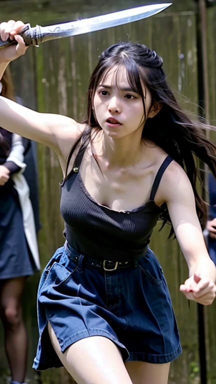 1 boy, a boy is grabbing girl’s breasts from behind、arms up