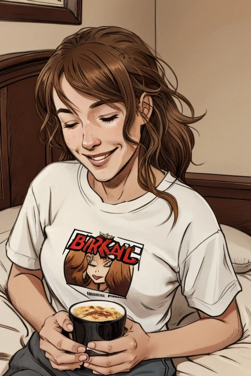 1girl, brown_eyes, breasts, brown_hair, denim, hand_on_hip, hand_on_own_chest, indoors, large_breasts, long_hair, looking_at_viewer, makeup, pants, ribbed_sweater, smile, solo, sweater, turtleneck, window, ((mature woman)), ((plump)), housewife, forehead, parted_hair, chubby, eating a yogurt, pleasure expression, yogurt dripping, sloppy mess