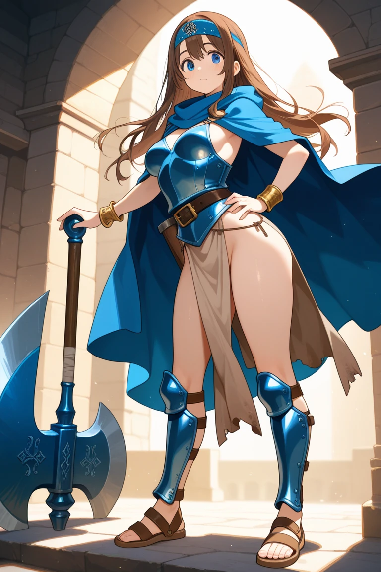 1girl, ((slim)) tall pirate sexywoman, thin waist, 18 years old, ((ornate ((steel)) breastplate armor)), average breasts. (((cleavage))), ((((very long blue skirt)))) with ((((single slit)) on the side)), ((headband)), on a ship, ((gorgeous slim face)), ((Brown hairs)), ((long straight flowing hairs)), sea, detailled face, marterwork, serious eyes, intense detailled eyes