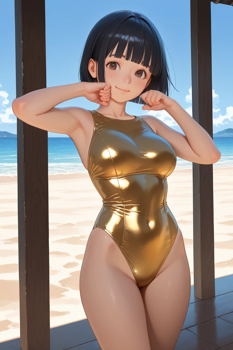 Top image quality、top-quality、8K picture quality、1girll、full body Esbian、inner strength、A smile、embarrassed from、red blush、Beautiful black hair、Colossal tits、(Gold Metallic:1.4)、(Sleeveless)、(High neck competitive swimsuit)、(highleg)、(Crotch penetration)、(pin heels)、Squatting on the ground、(Open your crotch wide from side to side)、Arms behind your head、(Show off your armpits)、gazing at viewer、((Face the viewer))、((Show viewers your crotch)) 、((Frontal shot))、in poolside、profetional lighting、professional photograpy