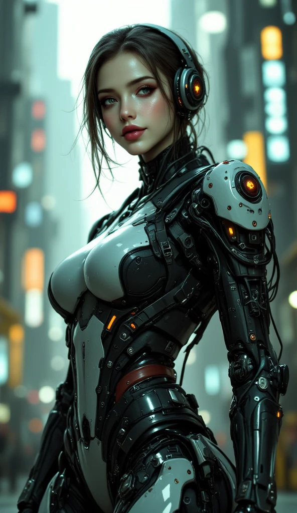 nsfw:1.6、Very beautiful woman、Slender women、(Detailed face)、Realistic Skin、((Delicate photo))，(Girl Masterpiece RAW Photo Details:1.25), (Highest quality:1.6), (Ultra-high resolution:1.5), (Realistic:1.75), 8K resolution, Canon EOS R5, 50mm, Absurd, Ultra-detailed,Cinema Lighting、One girl, 白hair,((hime_cut))、Smile、 Window Shades,((Ultra tight white jacket coat)), Chest Rig, cyber punk, ((Techwear)),I can see your abs、Bra Top、((Big Breasts))、((The abdomen is visible))、(((Ultra-delicate and futuristic design)))、Biting into the crotch