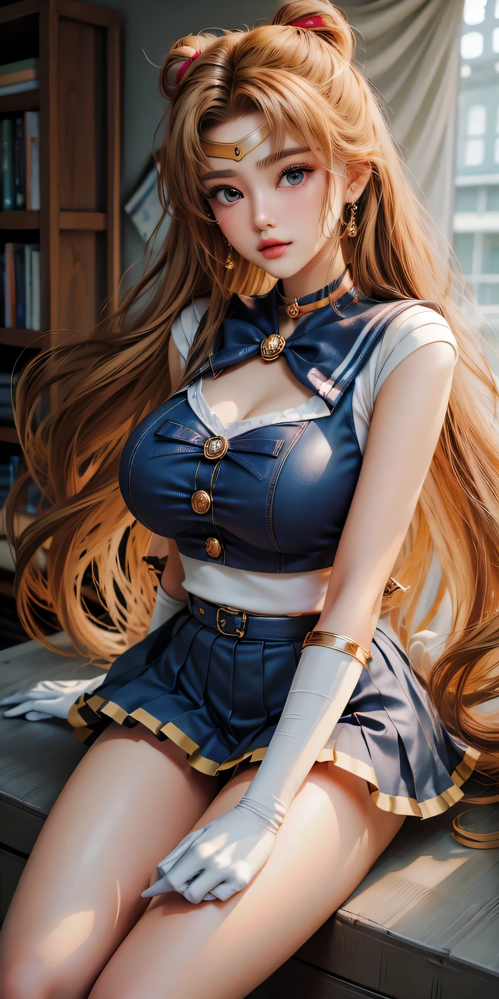 Best quality, masterpiece, ultra high res, raw photo, beautiful and aesthetic, deep shadow, fairy theme,(ultra detailed:1.3),
1girl, sitting pose, headdress, (beautiful face, detailed eye:1.2), embarrassed, drill hair, long hair, blonde hair, gradient hair, yellow eyes, solo, (busty breasts, gigantic breasts:1.1), big hair, blue hair, divine goddess, looking at viewer, indoors, royal palace, luxurious bedroom, canopy bed, candlelight, room full of curtain, astraea, full body, bow,pink dress,short sleeves,sailor collar,
