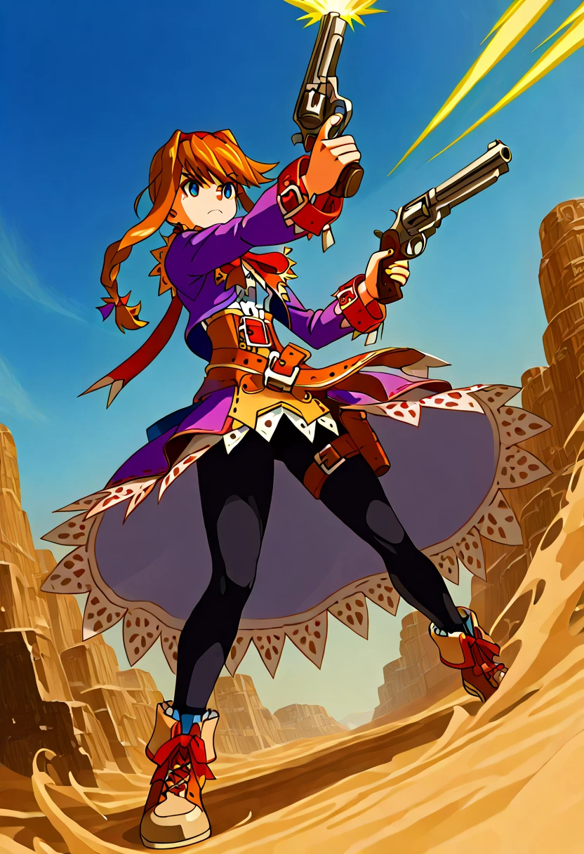 ((high detailed animated painting illustration:1.5)), rapid firing a double guns, two gunpoint, ((dual-guns gunpoint-flash), (two gun action), (Intersect arms:1.2)), ((grab two guns)), ((two revolver-pistols)), (two revolver-pistols of two hand), ((Virginia Maxwell)), (purple clothes), red ribbon, ankle length dress, black tights, belt, holster, (WILD ARMS Advanced third), braids hair, (1girl), (solo), dynamic angle, below, dutchangle, aerial, wilderness, wind blows, sand dust, rock surface, blue sky, animated, animation, super quality, super detailed skin, masterpiece, best illustration, textile shading, high resolution image, amazing,