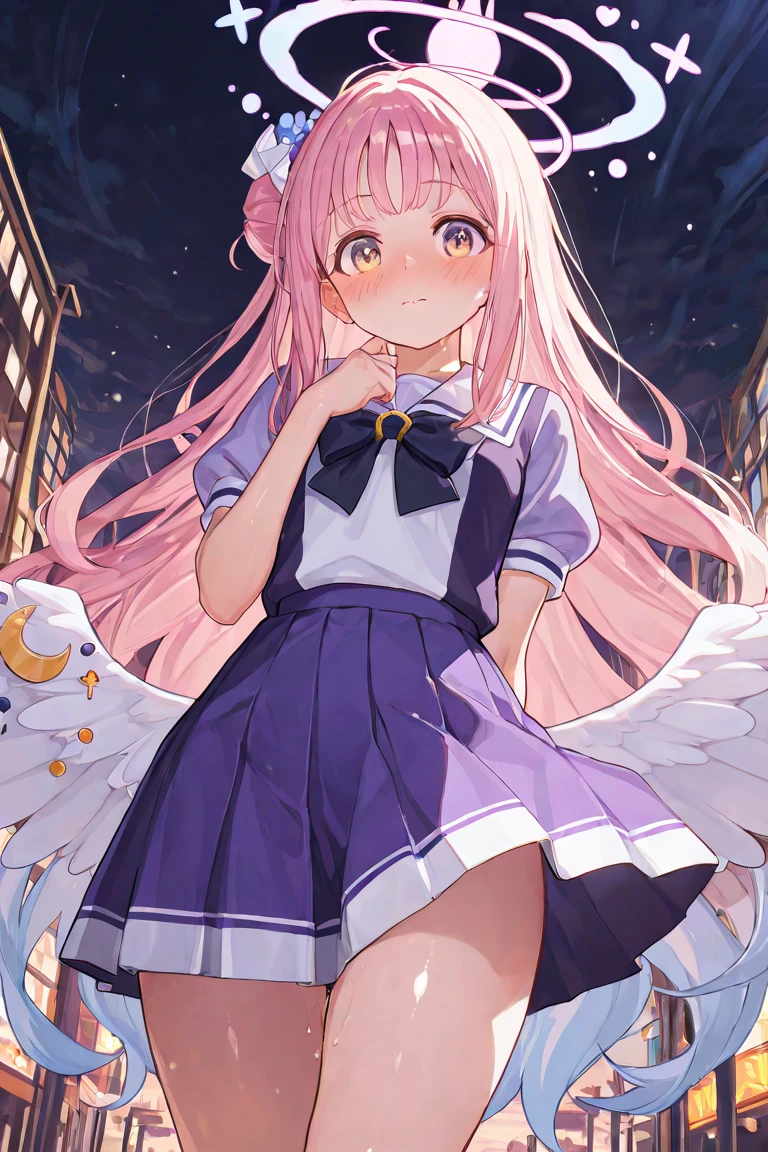 Plum is a fair-skinned girl with normal black eyes and bright pink cheeks. Her hair is a light pink mixed with lavender. Her wavy bangs are worn in curls and styled in pigtails. A black antenna headband sits atop her head. She wears a pink and purple dress with a black belt. Purple wings are on her back. She has black leggings and wears pink shoes. SPARKLE; GLITTER