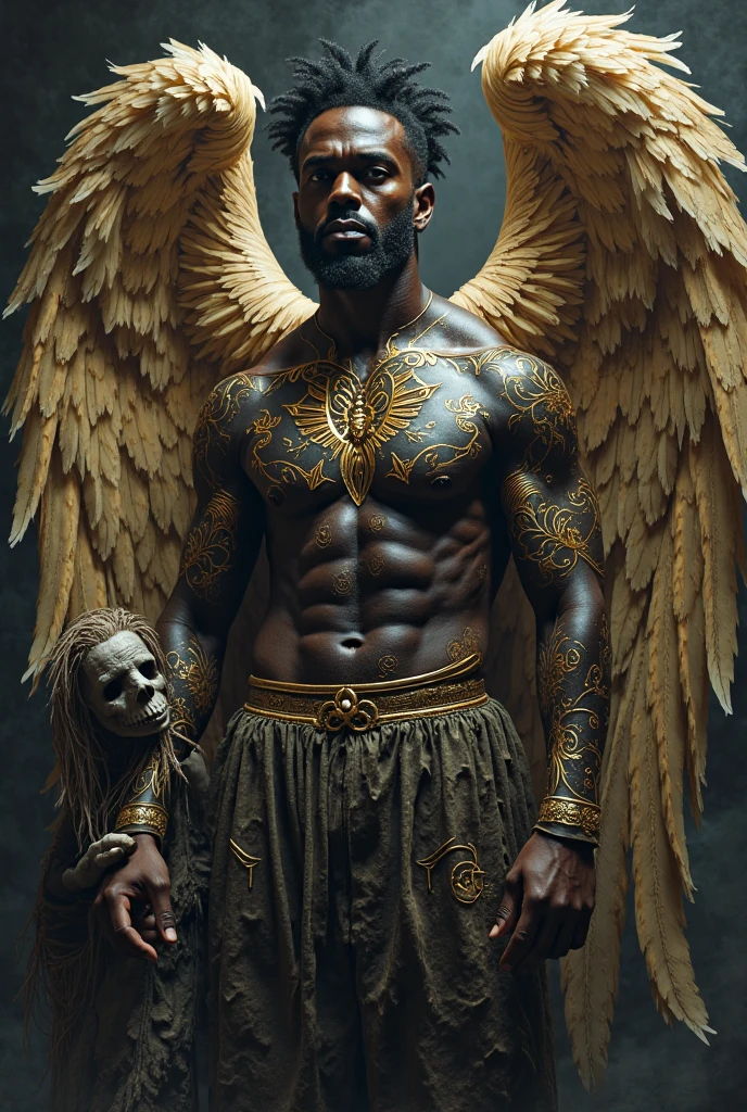 full body, oil Painting, portrait charismatic and ((one hairy black masculine Angel)), tall, slim, smooth muscle, ((big bulge, white briefs)), black male, man, body hair:: ruins background, perfect eye chiaroscuro mood, oil painting, classic era, Bouguereau paintings art style, high resolution, high quality, Soft impressive impasto, perfect composition, edge lighting, intricate, oil on canvas, masterpiece, ominous, matte painting movie poster