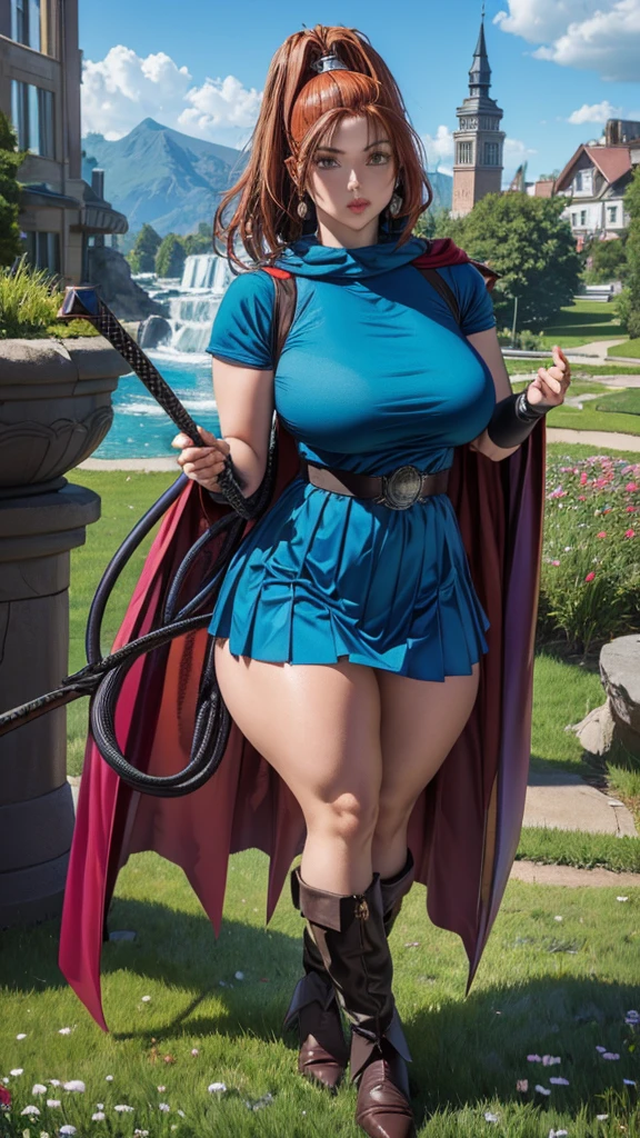 UHD 8K scene, hyper-real photo quality, beautiful young woman, red hair, bright blue eyes, short Glossy enamel pink dress with thief outfit, purple hooded cape, character Sheila from Dungeons and Dragons, in the middle of a forest,, ((thick thighs:1.3)