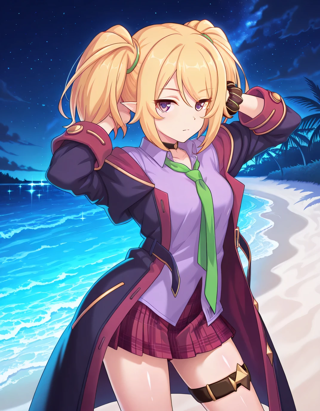 chloePCR, blonde hair, shirt, long sleeves,twintails, purple eyes, sidelocks, pleated skirt, open clothes, pointy ears, collared shirt, miniskirt, off shoulder, thigh strap, red skirt, black choker, plaid skirt, purple shirt,black coat, wrist scrunchie, green necktie, hooded coat, black scrunchie, st. theresa's girls academy school uniform, source anime, shiny skin, high quality, solo, night sky, beach, hands behind head, ((contrapposto)), closed mouth, cowboy shot, looking at viewer, expressionless, best quality