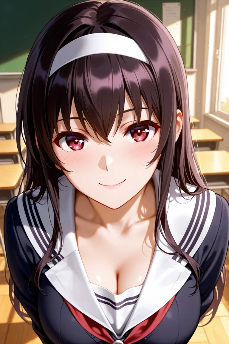 ((highest quality、masterpiece、High resolution))、(((Zoom photo from above:1.95、Cute Smile:1.5、blush、15 years old、Cleavage、High School Uniform)))