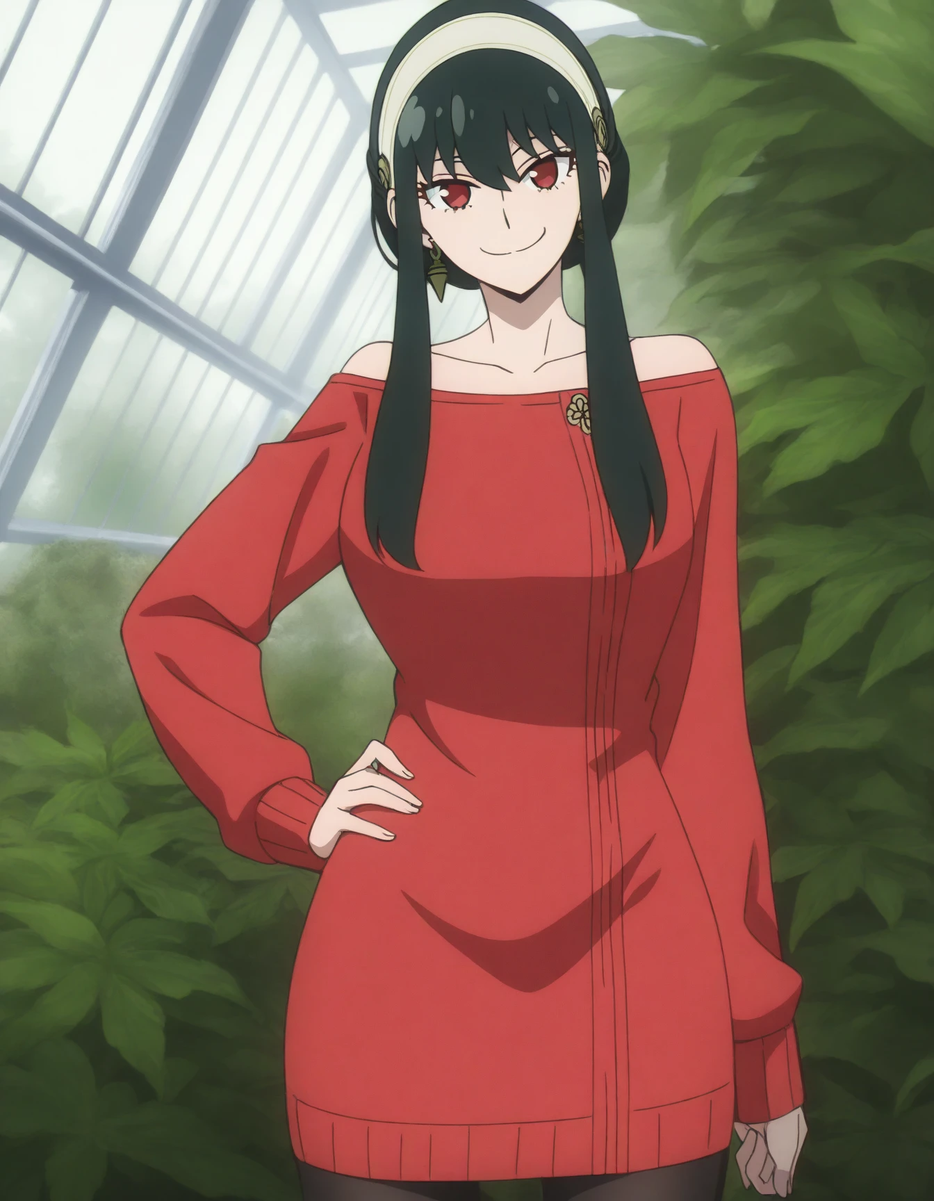 one piece screenshot, 1 woman, green and slanted eyes, with long eyelashes, thin face and white skin, pink lips, by the wide, straight red, with a good body, In the background is a forest, with a smile, One piece drawing style