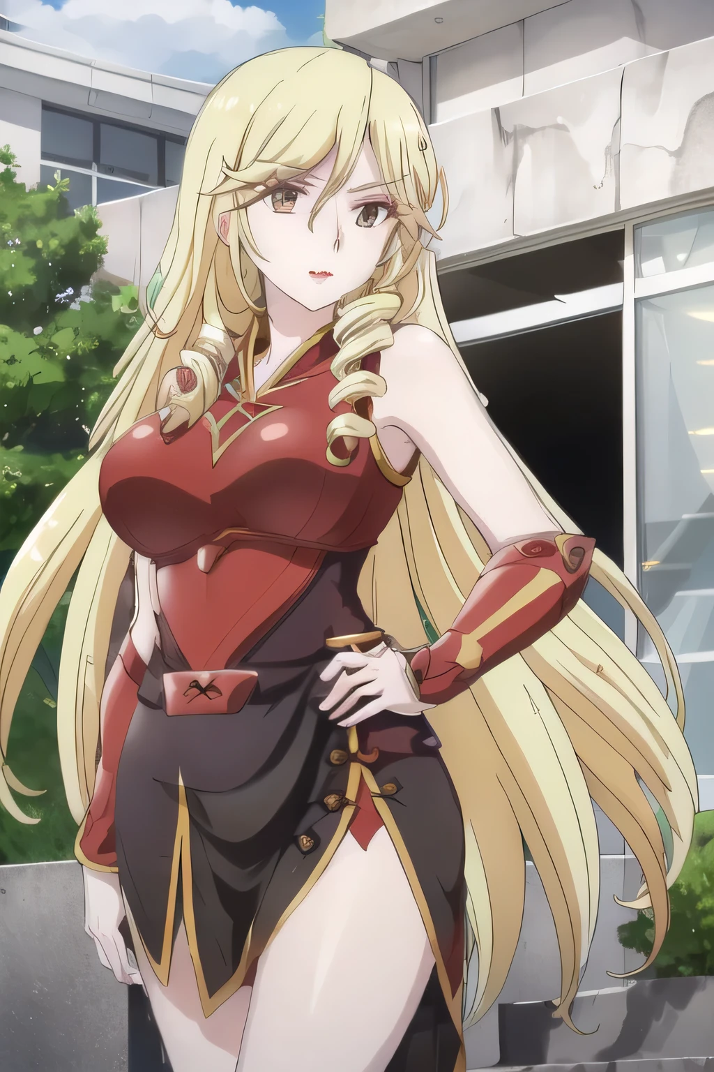 blond long-haired woman looking down on the rainy city from the rooftop，Please draw my eXpression more delicately，Can you draw a woman in a dark blue business suit，Full color CG,,Please draw a woman with a nice smile,NAVY BLUE SUIT，white blouse，navy blue micro mini skirt，high heels，big boobs，big boobsでもウエストが細い，Make sure to draw the whole face in full color。{X} Please tell me the eXact representation of her hands and legs,can you draw a dark blue pleated skirt,Please draw her eXpression more delicately，Walking Alone，         city tour         ,there is no one around，Powerful 40 year old woman,                   Big black wavy hair, ,   Big breasts, thin waist ，don't crop her face as much as needed for work， ,   ，