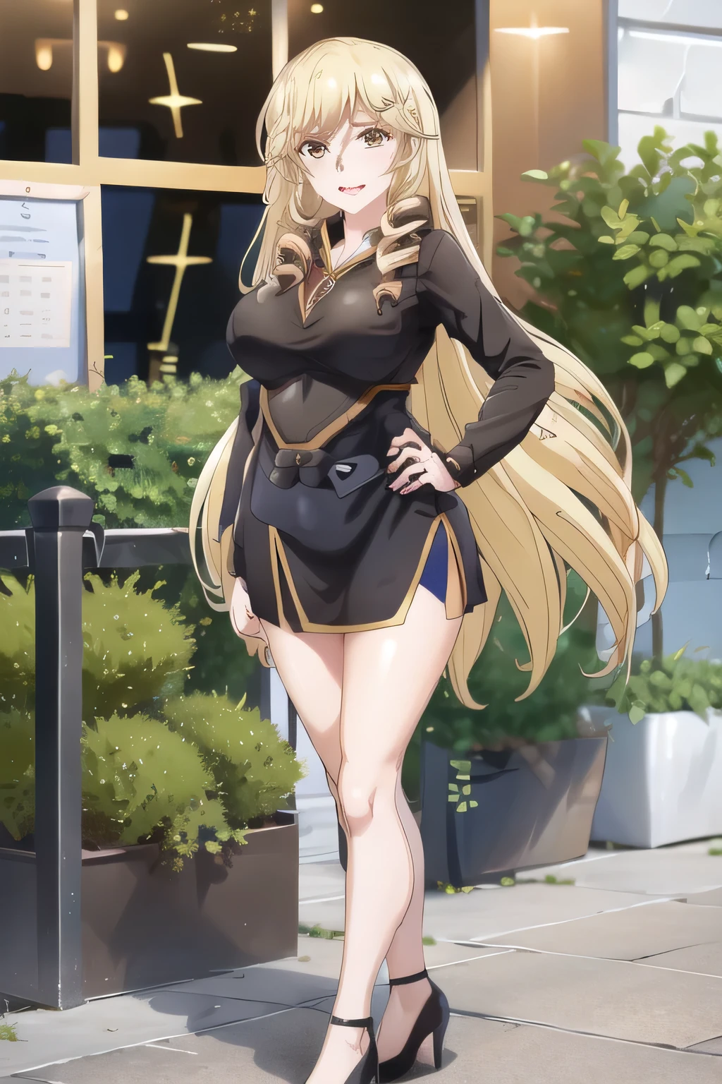 blond long-haired woman looking down on the rainy city from the rooftop,Please draw my eXpression more delicately,Can you draw a woman in a dark blue business suit,Full color CG,,Please draw a woman with a nice smile,NAVY BLUE SUIT,white blouse,navy blue micro mini skirt,high heels,big boobs,big boobsでもウエストが細い,Make sure to draw the whole face in full color。{X} Please tell me the eXact representation of her hands and legs,can you draw a dark blue pleated skirt,Please draw her eXpression more delicately,Walking Alone, city tour ,there is no one around,Powerful 40 year old woman, Big black wavy hair, , Big breasts, thin waist ,don't crop her face as much as needed for work, , ,