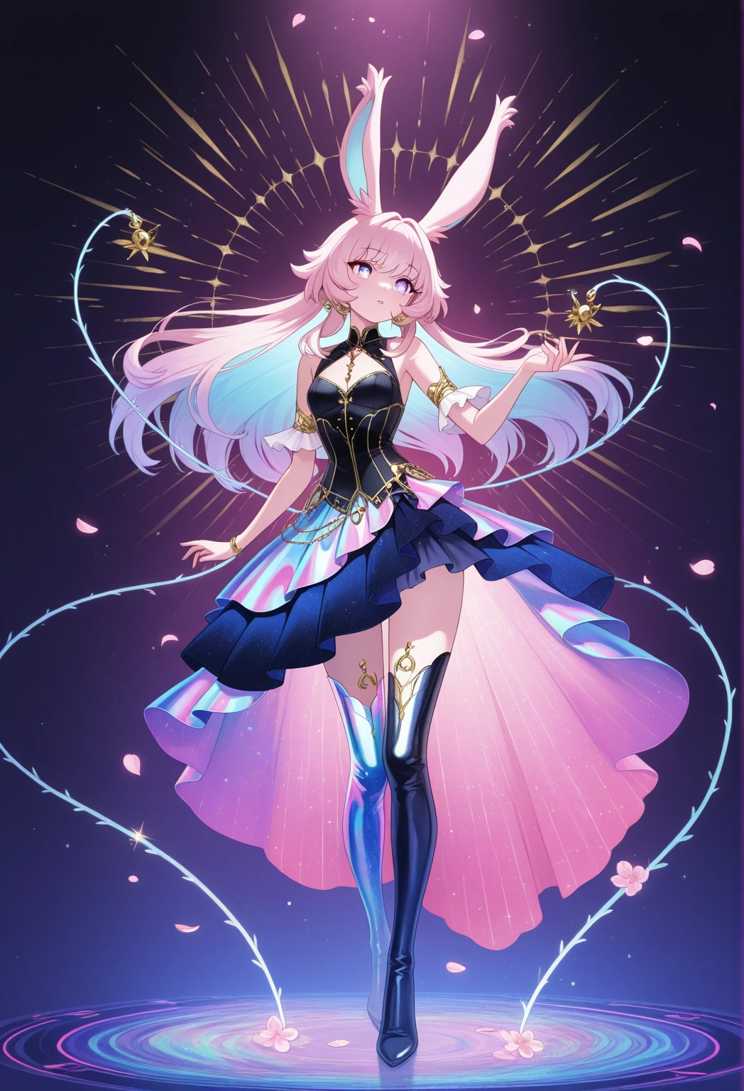 fantasy, magic, one person, woman, long hair, gradient hair, white to pink, starry night, night sky, Princess, gold accents in hair, gold accents on dress, face camera, semi - realism, whole body, Colored eyelashes, golden eyes, shimmer in eyes, Smile, looking at the audience, shining,small breasts,open navel,Bare thighs,camel toe,whole body