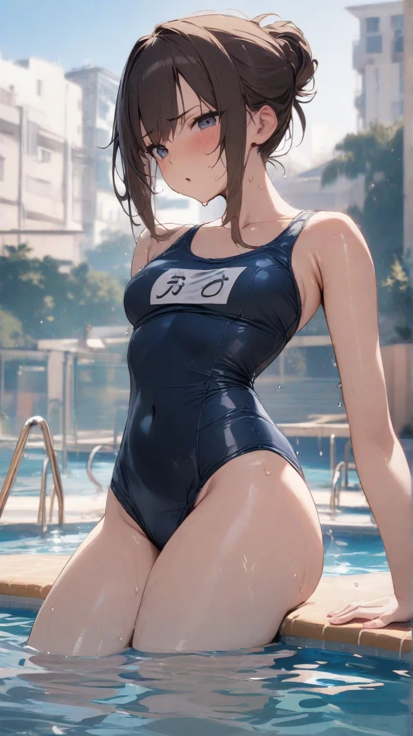 (Superflat, Flat Shading, Flat Color:1.1)、An illustration、(Boyish Asian Girl)、(cute:1.2)、Very beautiful 14 year old manga girl、Great smile、Blushing、(Skin with attention to detail: 1.2)、Photorealistic Anime Girl Rendering、Realistic anime 3D style、cuteボブカット、Beautiful brown hair、Intense black eyes、Strong eye highlights、(detailed、Mid-chest)、Perfect Anatomy、My hair is messy、Old-fashioned school swimsuit、((A torn and tattered school swimsuit))、White school swimsuit、((Wet))、From below、Showing off her school swimsuit、Small school swimsuit、Angle from the feet、From belowの角度、((From below見上げるアングル、Show your crotch))、Volumetric lighting、Soft Light、bright、neon、Vibrant colors、watercolor、((Black-rimmed glasses))、Bangs covering the eyes、Big Breasts、Soaking wet