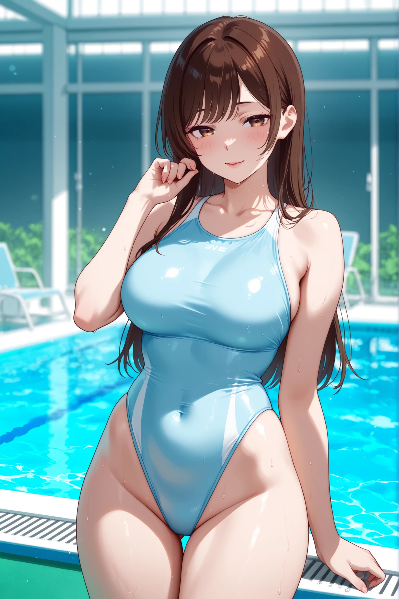 1girl, solo, Minami Kotori, One side up, Hair Ribbon, masterpiece, top quality, high resolution, unity 8k wall paper, illustration, detailed eyes, extra detailed face, Highly detailed CG, glossy lips, light makeup, blush, one-piece swimsuit, collarbone, indoor pool