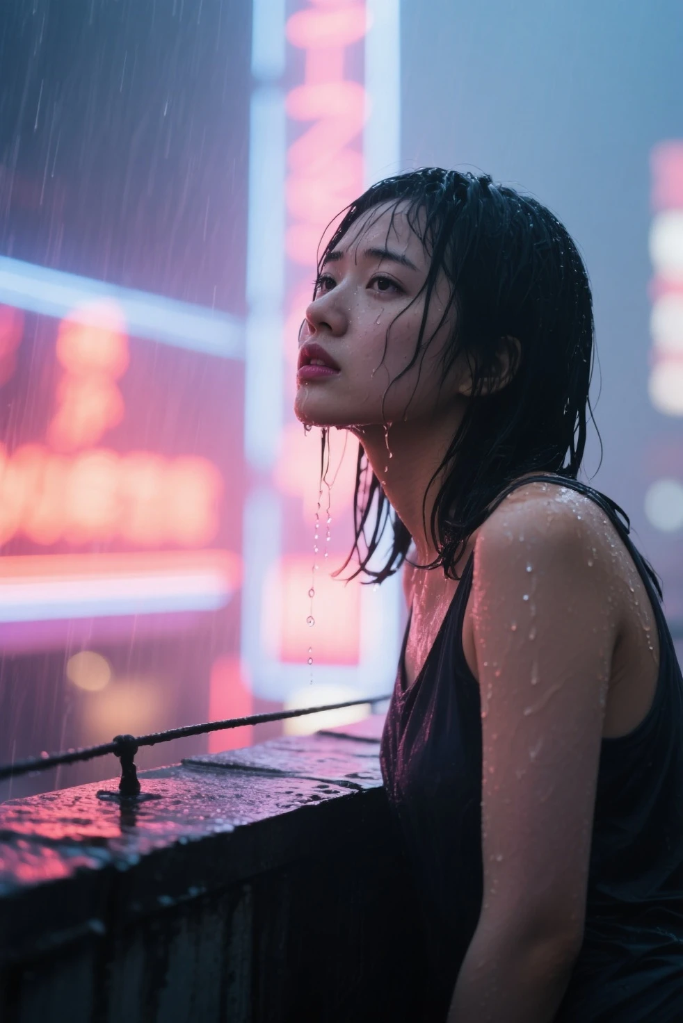 short tshirt，（Cinematic tones）（Wet clothes：1.9）,（Get wet all over your body：1.9）,Top image quality, tmasterpiece, 超高分辨率, （Fidelity：1.4）, photore,deluge, stunningly beautiful woman, （Sorrow）, white  shirt, dim murky lights, shadowy, Desperate, Pity, Pathetic, Cinematic, Tears, tear drop, （ripped clothing：1.5）, （Wet clothes：1.4）, bare shoulders​, Real rain, wetting hair