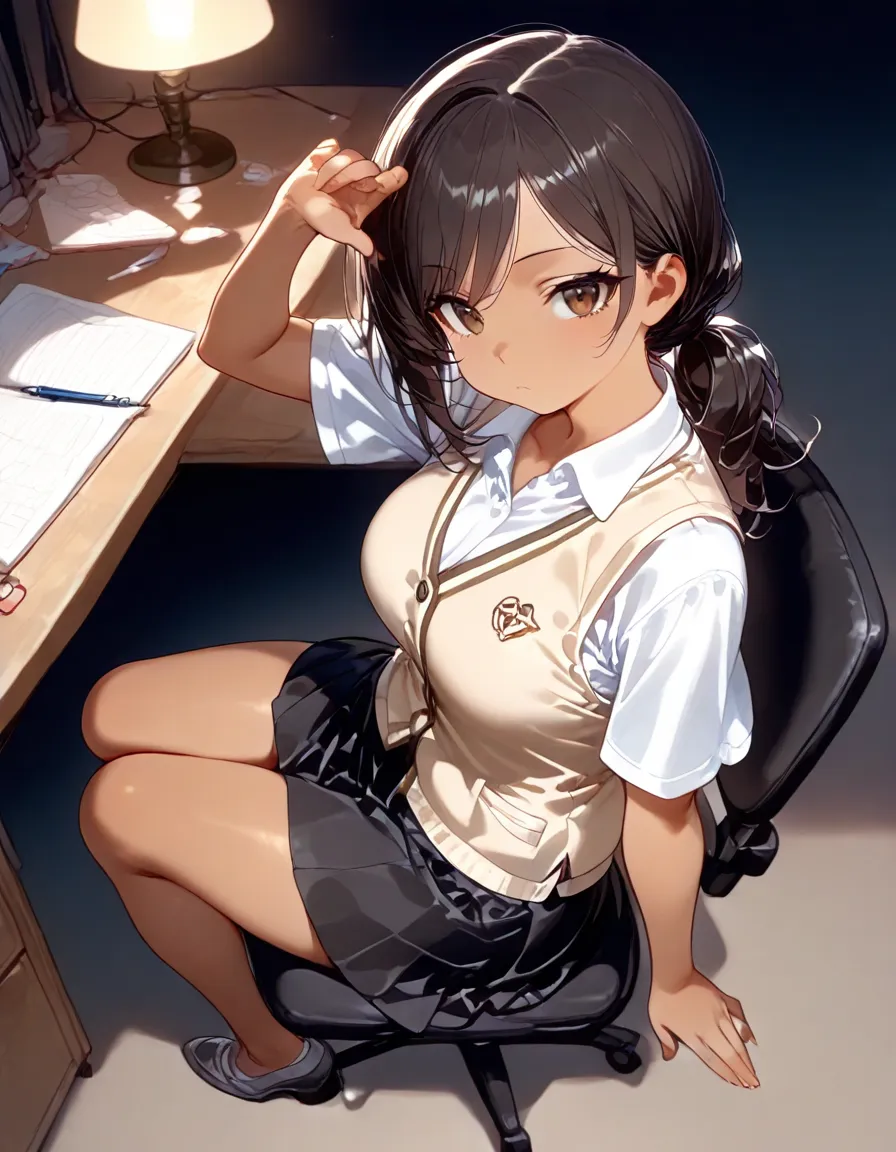 8k, A masterpiece of softcore pornography shot by Kishin Shinoyama, Bast quality,big, RAW Photos, (Ultra-thin contour lines), (1 girl), anime girl, Highlight Eye, Shiny hair, Professional Lighting, (Glowing Skin: 1.2), shiny big, ((Highest quality)), Sharp focus: 1.2, Highly detailed face and skin texture, fine grain, Perfect Face, Perfect body, Blur Art, CG, background, milk, in front (16 years old, Cool and beautiful girl face), wear ((School uniform)), thigh), blush, (Porn Cosplayer), (Camel Toe, White panties), Gravure idol style panty flashing, She pulled up her skirt to avoid the heat...、I sat on the desk with my knees raised....。., My favorite girl, Browsing Caution, Focus on the crotch