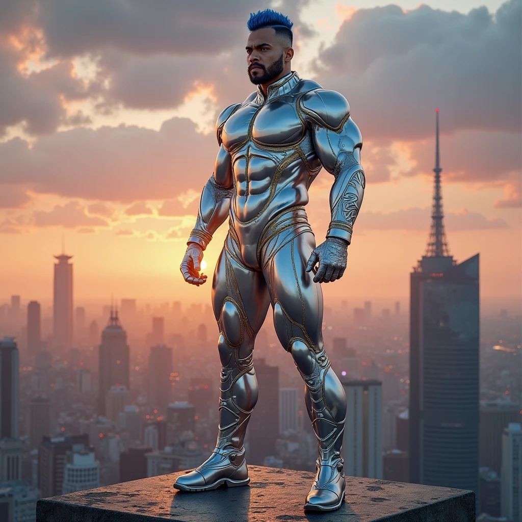 Arad man in yellow and black clothes kneeling in desolate ruins with his head in his hands, muscle male hero, Buzz Cut, heroic male pose, tall and burly, muscular! Wearing black sunglasses with sad expression, stealth suit, symmetrical pattern texture design, super buff and cool, high resolution committee, character design police, black military boots, attractive strong male with armor