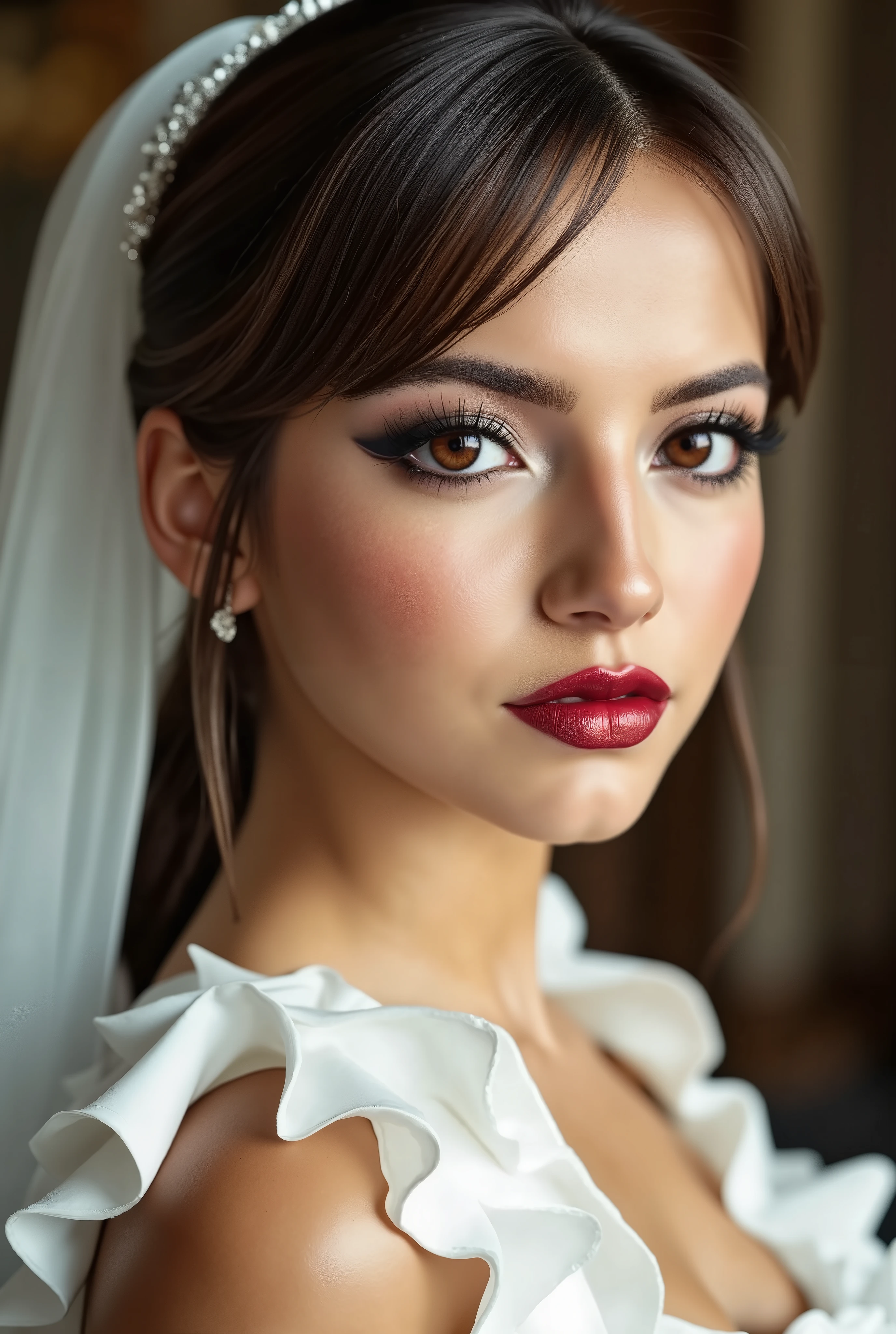 red lip gloss, thick black eyeliner flicks, mascara, face close up, beautiful brown hair, white latex rubber wedding dress with ruffles and latex veil, huge oily tits, bright red lips with shiny lip gloss