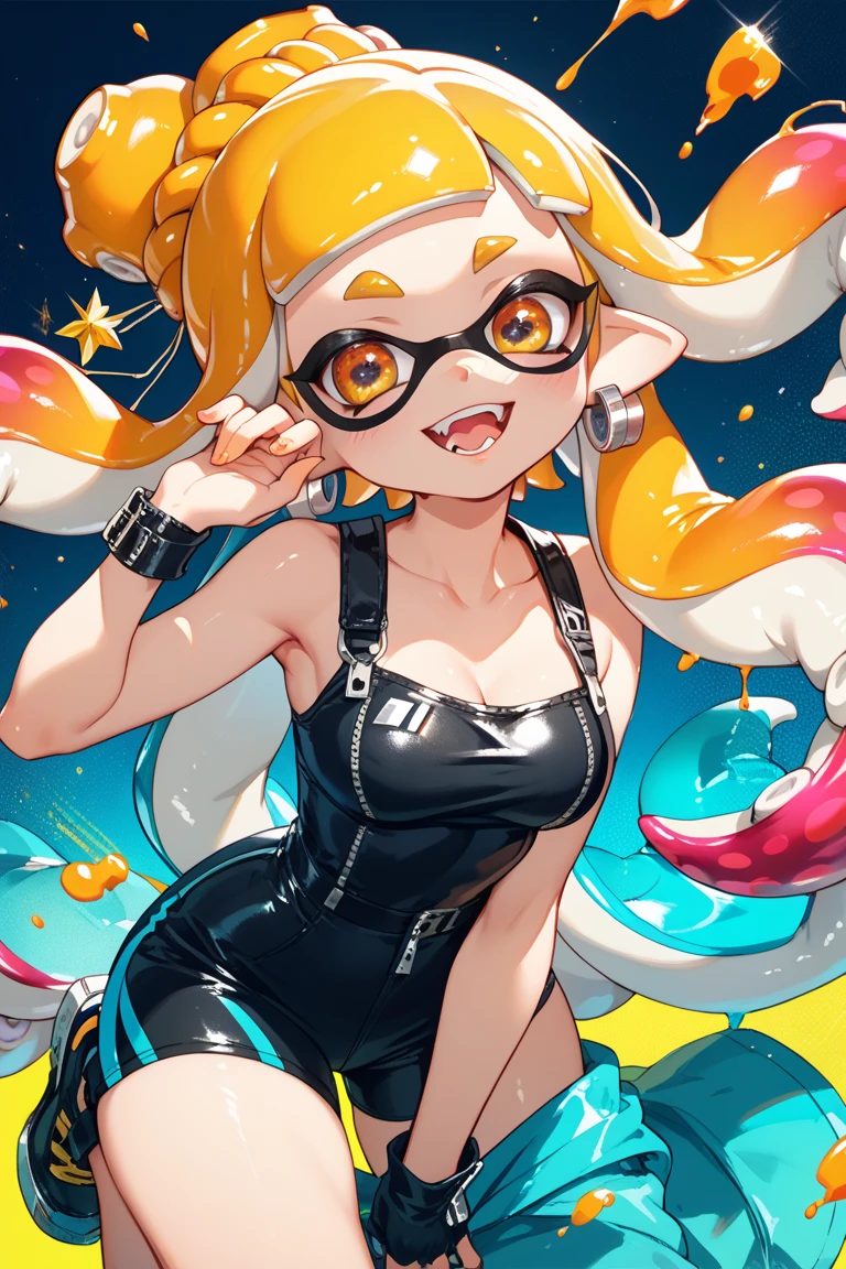 masterpiece、High resolution、Real Anime、3d、Fantastic outer space、Floating stars and planets、High quality down to the last detail。Splatoon Girl、Woman jumping。A woman who looks like an adult。wonderful。A slightly thinner face、Golden Eyes、Colorful tentacle hair、gigantic breast、Cleavage、wonderful landscape。