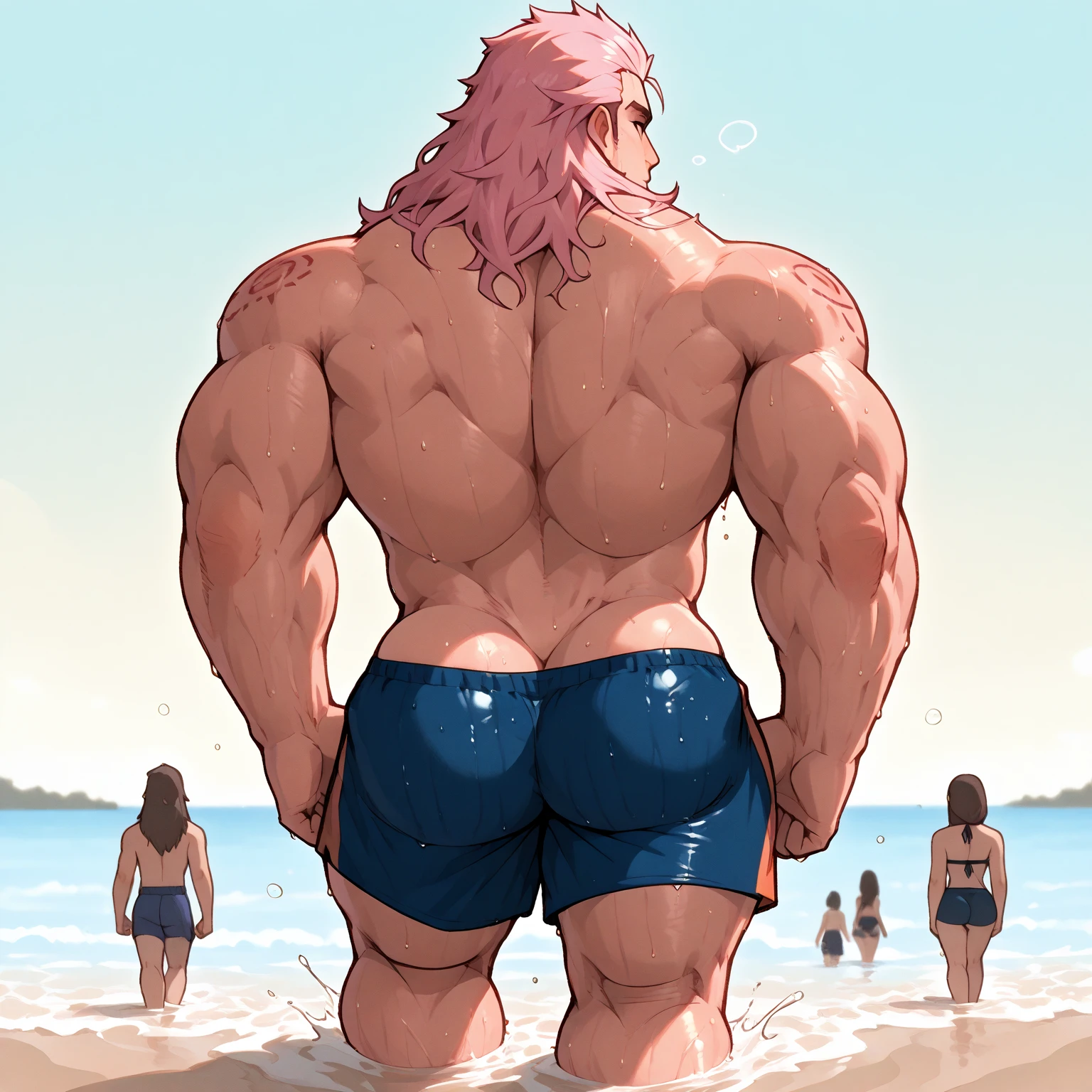 horikoshi kouhei, absurdres, Eijiro Kirishima, red hair, boku no hero academia, chama kou, highres, looking away, male focus, muscular, red eyes, short hair, spiked hair, 8k quality, beach, (Eijiro Kirishima, detailed eyes, detailed face, (((full body))), (((from back))), visible foot, barefoot, (((Extra large up penis semen dripping))), (((nude))), (((flexing))), (((standing on the ground))), red hair, red eyes, ((light smile)), looking at viewer, embarrassed, blush, showing off muscles, masterpiece, best quality, male focus, upper body, handsome, hot, male, gay, smooth and sharp focus, Wet body.