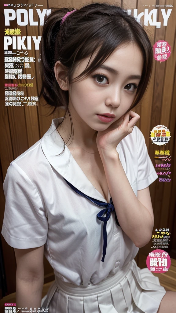 (highest quality、masterpiece:1.2)、super detailed、(photo-realistic:1.4)、Japanese、cute、25 years old、Looking out of the camera、random hairstyle、random facial expressions、Light blue lab coat、downblouse, light_particle、bright hospital、stand、(leaning forward)、You can see a little cleavage