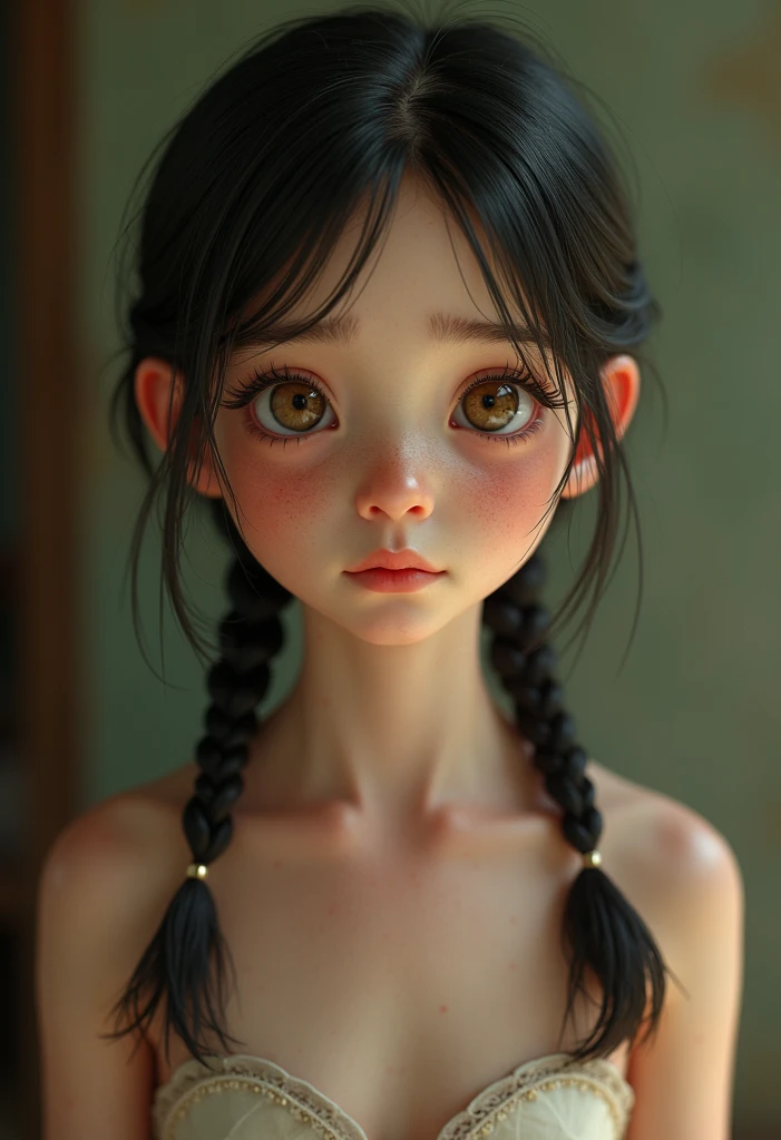 ((retrato: 1girl))estilo pixar, Somber, Negativo, torcido, weird, (Super-detailed large doll eyes), (((desnuda))), (pintura, Obra maestra, alta calidad), plus a sad girl, and delicate details that accentuate its beauty, Pinceladas fuertes, colores suaves, Soft lighting, Fondo borroso y bokeh suave.'Texturas 8K, Detalle extremo, Textura de piel altamente detallada, illustration, dibujos animados, anime! epic details, Alta nitidez