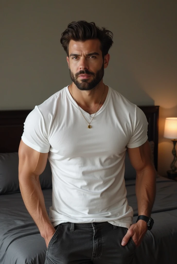 cinematic photo photo, handsome man ohwx, ohwx man, Henry Cavill, muscular, veins, bodybuilder, beard, tight shirt, white underwear, sitting on sofa, bloody, blood everywhere, living room, looking at camera, interview, talking, high definition, cinematic, natural lighting, more details, 8k UHD, DSLR . 35mm photograph, film, bokeh, professional, 4k, highly detailed