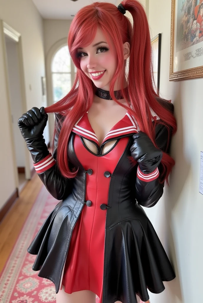 a close up of a woman with red hair and a black and white shirt, amouranth, better known as amouranth, erza scarlet as a real person, amouranth as a super villain, katarina from league of legends, anime girl cosplay, ann takamaki from persona 5, professional cosplay, jessica rabbit, katarina, full-cosplay