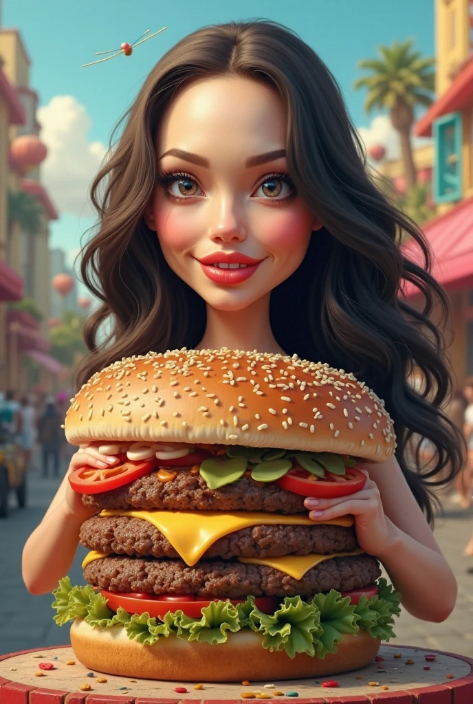 woman with pretty face, eating a hamburger 