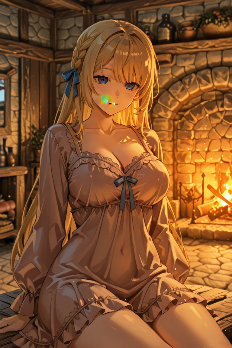 masterpiece, best quality, aesthetic, 1girl, solo, purple eyes, yellow hair, two side up, brown dress, strapless dress, large breasts, (cowboy shot), looking at viewer, (campfire), cinematic lighting, professional shadow